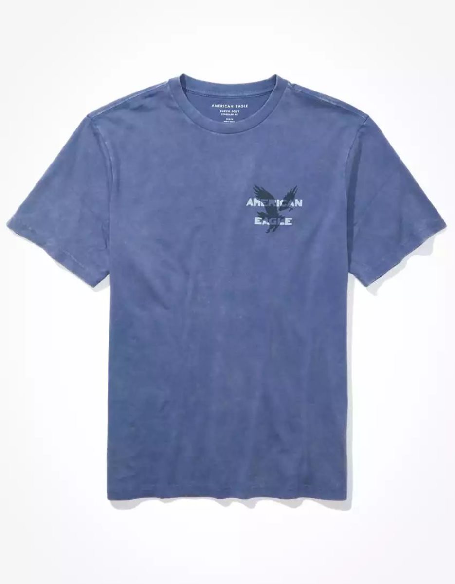 T Shirt Graphique American Eagle AE Super Soft Logo Bleu Foncé Homme | OFY-13476336